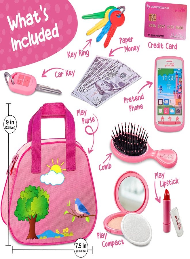 Star Princess Toddler Play Purse for Kids with Accessories, Toys for Girls with Pretend Makeup, Keys, Smartphone, Dress Up Toy Purse for Toddlers and Kids - Birthday Gift for Little Toddler Girls Ages 3 4 5 6, Pink - Image 2